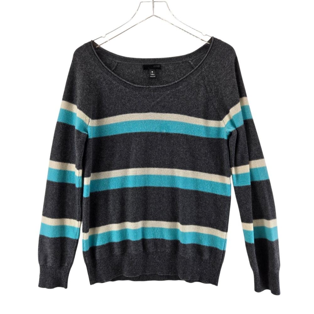Aqua 100% Cashmere Sweater Womens Medium Striped Wide Crewneck Gray Ivory Blue